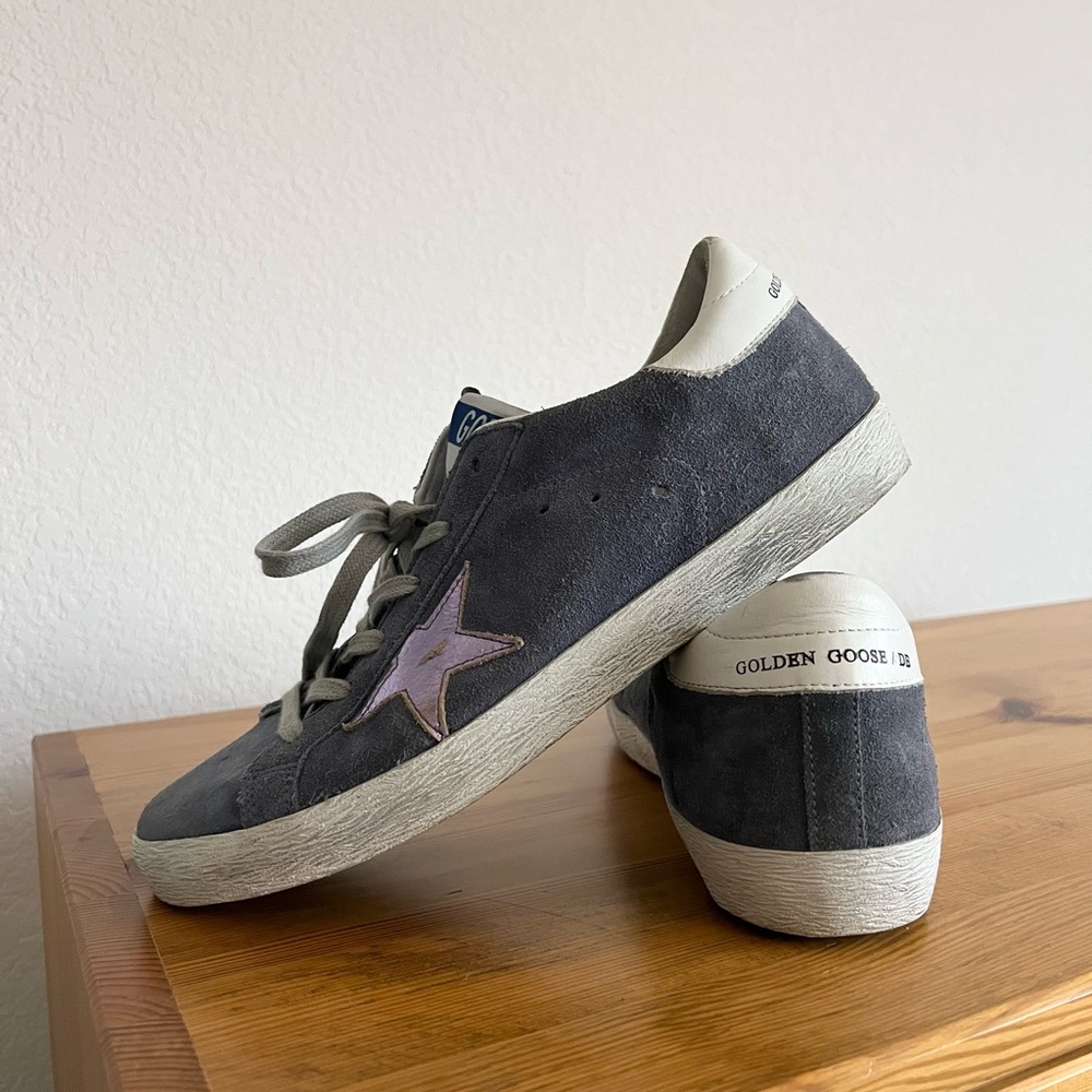 Golden Goose Blue Suede Superstar Sneakers with Purple Star